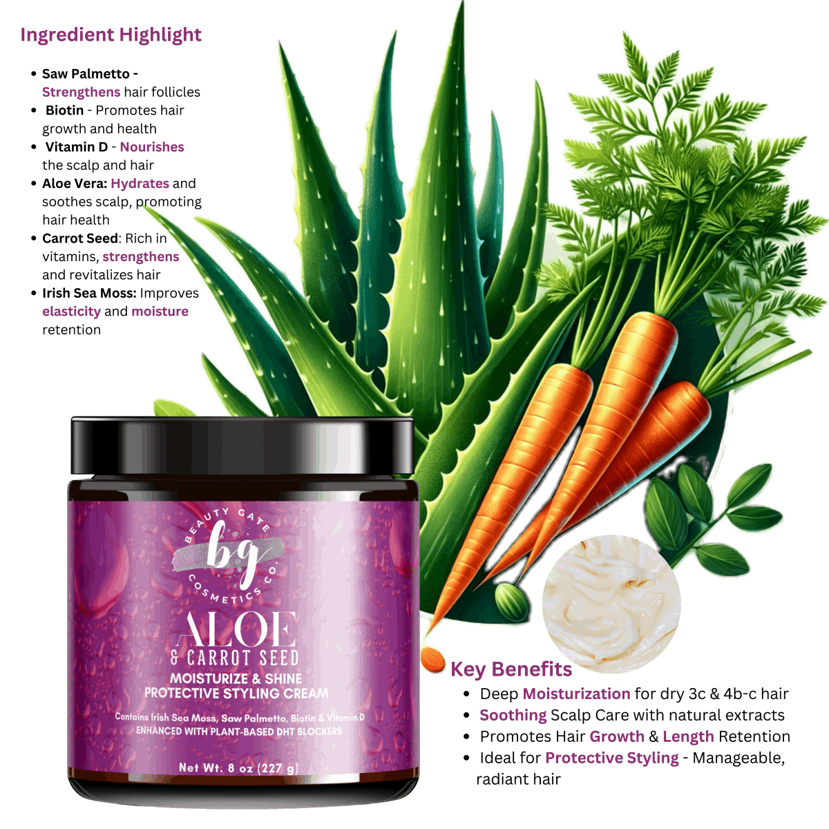 Beauty Gate Aloe & Carrot Seed Moisturize & Shine Protective Styling Cream - Beauty Gate Cosmetics